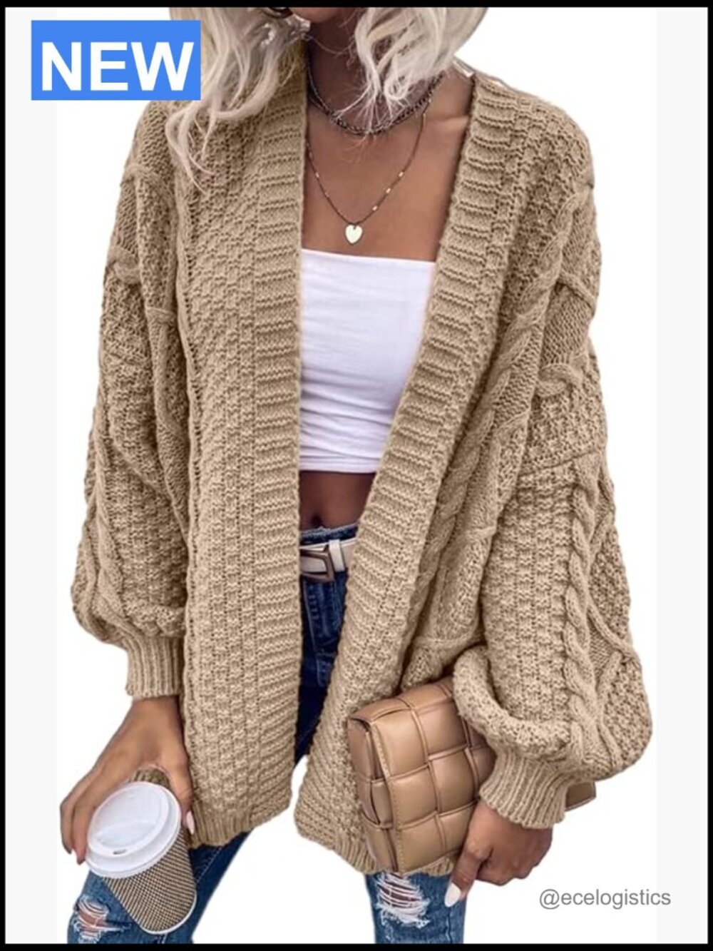 Oversized Cable Knit Lantern Sleeve Cardigan